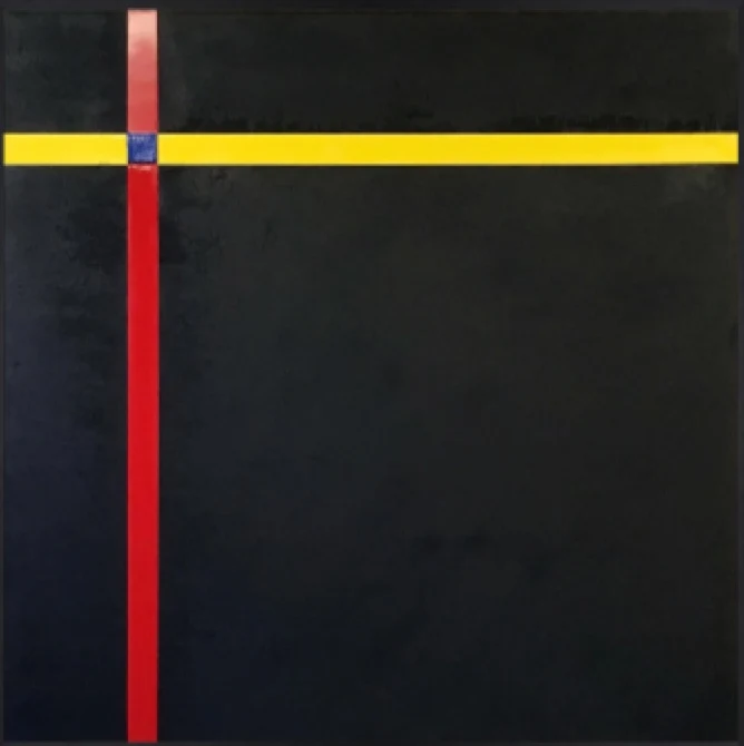 Beautiful Black - Abstract painting by Mohabbat Ahmadi featuring black background with yellow and red lines