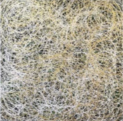 Captivating Beauty - Nature-inspired abstract painting by Mohabbat Ahmadi with green, black, white and golden lines